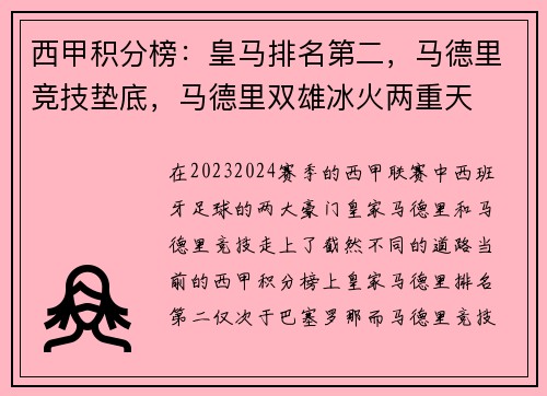 西甲积分榜：皇马排名第二，马德里竞技垫底，马德里双雄冰火两重天